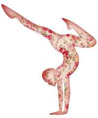 Pink yoga pose with floral print in red tones and green leaves.
This image is part of a set of 50 yoga poses perfect for creating beautiful designs, for your website, social networks, products, etc.