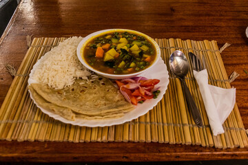 Meal in Kenya - vegetable curry with rice and chapati