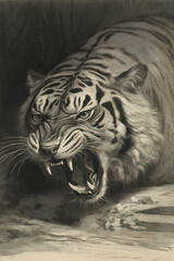 Pencil sketch of roaring tiger