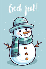 Colorful vector illustration of a smiling snowman against blue background. Traditional winter holiday greeting card from Finland
