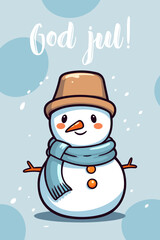 Colorful vector illustration of a smiling snowman against blue background. Traditional winter holiday greeting card from Finland
