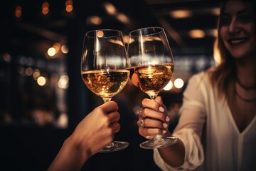 females toasting wine glasses in a restaurant Generative AI - obrazy, fototapety, plakaty