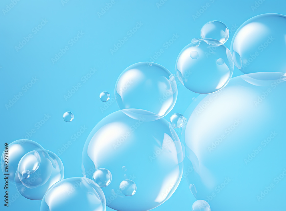 Poster Soaring bubbles on blue background. Abstract soap bubbles floating background.
