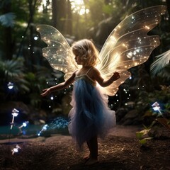 little blond girl with huge fairy wings in a forest 