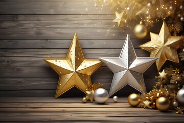 Golden and silver stars and balls in front of a wall of dark wooden panels