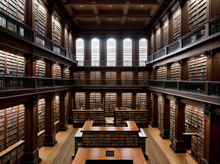 Realistic library interior with meticulous hyper detail. - obrazy, fototapety, plakaty
