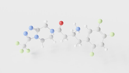 sitagliptin molecule 3d, molecular structure, ball and stick model, structural chemical formula anti-diabetic medication