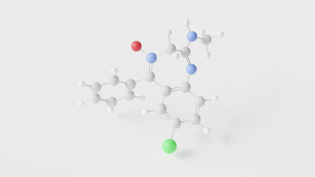chlordiazepoxide molecule 3d, molecular structure, ball and stick model, structural chemical formula benzodiazepine
