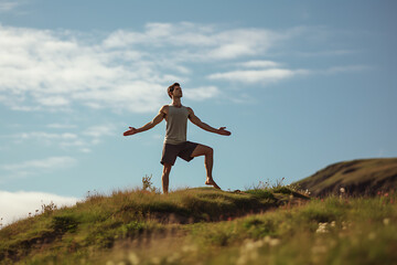 man making yoga on a hill, yoga, spiritual, make yoga everday