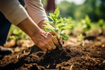 gardener hand closeup plant and watering small plant tree on soil ground nature concept