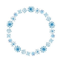 Round frame watercolor winter snowflake for greeting card decor on white background