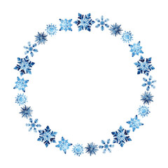 Round frame watercolor winter snowflake for greeting card decor on white background