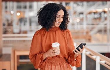 Reading notification, coffee and woman with a phone at work for social media, email check or internet. Smile, break and young corporate employee on a mobile app and a drink in an office for business - obrazy, fototapety, plakaty