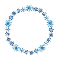 Round frame watercolor winter snowflake for greeting card decor on white background