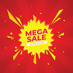 Mega sale banner with big discount offer details. Red background vector 