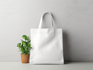 Front view white tote bag mockup with potted plants. Digital mockup template of tote bag for display or presentation.
