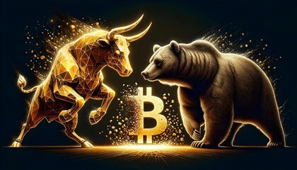 A golden geometric bull and a realistic bear face each other, symbolizing market trends Between them is a glowing Bitcoin symbol, signifying cryptocurrency conflict.
