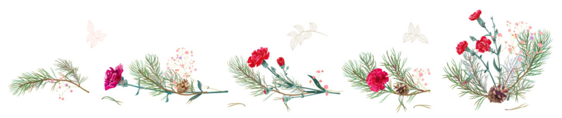 Horizontal panoramic border with pine branches, cones, needles and red carnation flowers. Realistic digital Christmas tree in watercolor style. Bright botanical illustration for design, vector