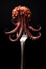 Grilled octopus tentacles on forks isolated on black background. Generative Ai - obrazy, fototapety, plakaty