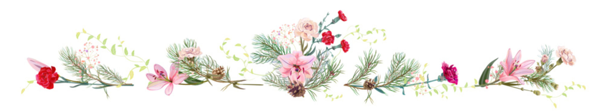 Horizontal panoramic border with pine branches, cones, needles, white lilies, and carnations flowers. Realistic digital Christmas tree in watercolor style. Botanical illustration for design, vector