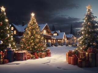  Decorated Christmas trees and gifts stand in a snowy village