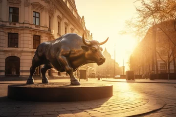 Keuken spatwand met foto A monument of a bronze bull in the center of the street as a symbol of the stock market. AI generated. © Serhii