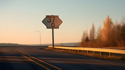 A road sign indicating the road ahead, perched on the side of a quiet highway, early morning light casting long shadows across the tarmac