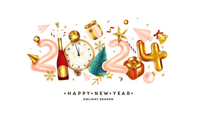 Happy New Year 2024. Golden metal number on white background. Realistic 3d render sign. Festive realistic decoration. Celebrate party 2024, Web Poster, banner, cover card, brochure, flyer, layout desi