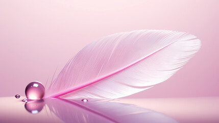  a pink feather and a drop of water on a pink background.  generative ai