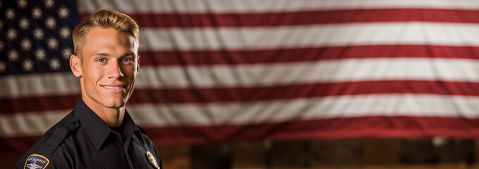 Proud young american policeman, background is USA flag. Police officer male Flag of the United States. America cop concept Copy space