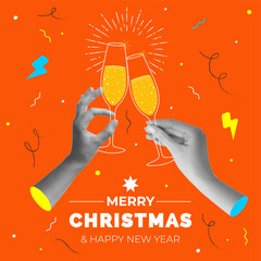 Two hands holding champagne glasses. Trendy halftone collage style. Merry Christmas and Happy New Year banner. Vector illustration