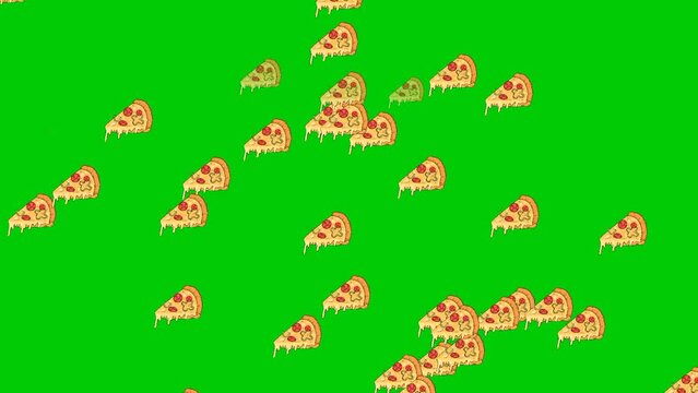Pizza raining loop seamless animation, slices of pizza transition animation elements on green screen chroma key