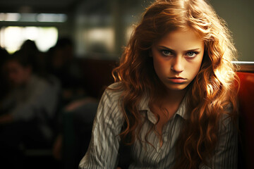 Fototapeta premium School bullying of a child by hooligans. Sad depressed child victim close-up. AI generated.