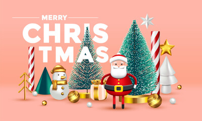 Obraz na płótnie Canvas Christmas composition with white, green and gold Christmas trees, Snowman and traditional Santa Claus in red clothes. Vector 3d illustration