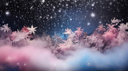  snow flakes and stars in the sky above a cloud.  generative ai