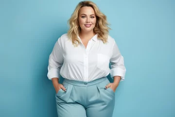 Fotobehang confident and calm beautiful happy blonde woman plus size model posing on blue background © OlgaChan