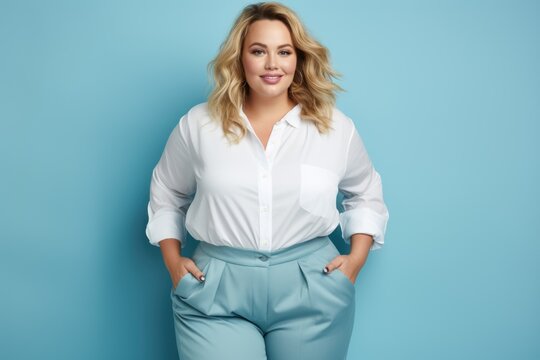 confident and calm beautiful happy blonde woman plus size model posing on blue background