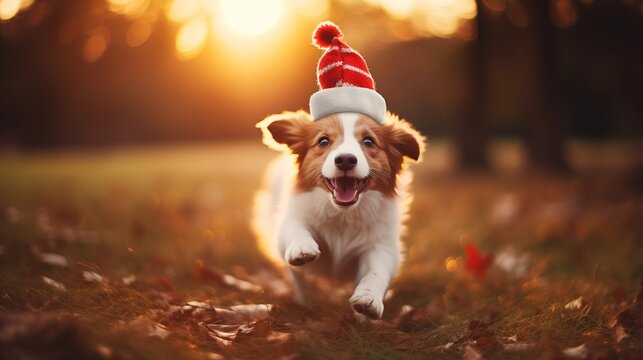 Festive dog in a Christmas hat in the forest