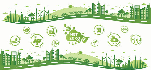 Net zero and carbon neutral concept. Net zero greenhouse gas emissions target. Climate neutral long term strategy, green net zero icon and on the world and green city with circles doodle background. - obrazy, fototapety, plakaty