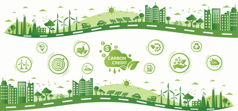 The concept of carbon credit with icons. Tradable certificate to drive industry and company to the direction of low emissions and carbon offset solution. Green vector illustration template.