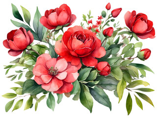 Watercolor middlemist red with green leaves arrangement in bouquet. Red flower elements for decoration.