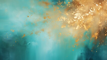 Abstract Painterly Background with Elegant Ethereal Gold and Turquoise Oil Paint Brush Strokes with...