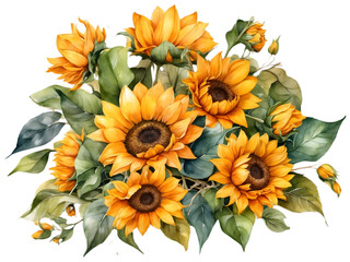 Watercolor Sunflowers with green leaves arrangement in bouquet. Beautiful sunflowers element for decoration. 