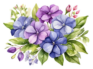 Watercolor periwinkle color flowers with green leaves arrangement in bouquet. Flower element for decoration.