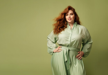 confident and calm beautiful happy red hair woman plus size model posing on green background - obrazy, fototapety, plakaty