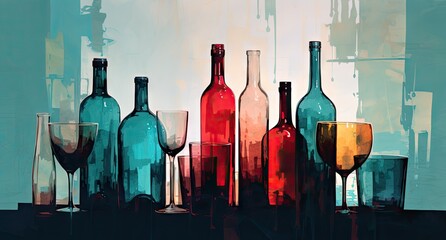 an inverted image of colored wine bottles and glasses Generative AI - obrazy, fototapety, plakaty