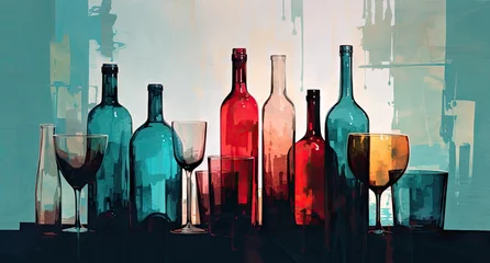Fotobehang an inverted image of colored wine bottles and glasses Generative AI © sean