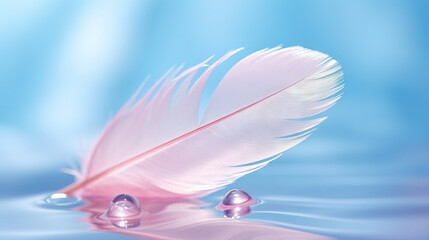  a pink feather floating on top of a blue water surface.  generative ai