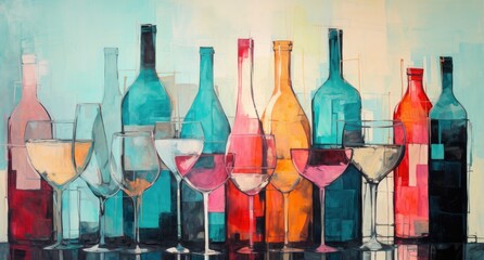 colorful drink glasses and wine bottles Generative AI - obrazy, fototapety, plakaty