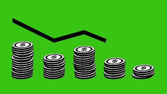 video drawing animation stacked coins and arrow trending down, decreasing statistical graphic concept. Drawn in black and white. On a green chroma key background